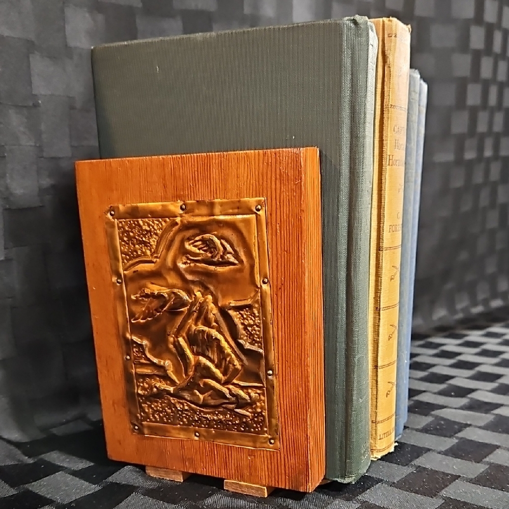 Vintage Handcrafted Wood Bookends, Embossed Copper Mallard Ducks in Flight, Pair